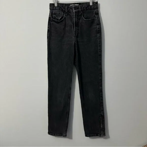 Social Tourist Black Zip Hem Straight Jeans W26 Y2K Grunge Streetwear - Picture 2 of 11